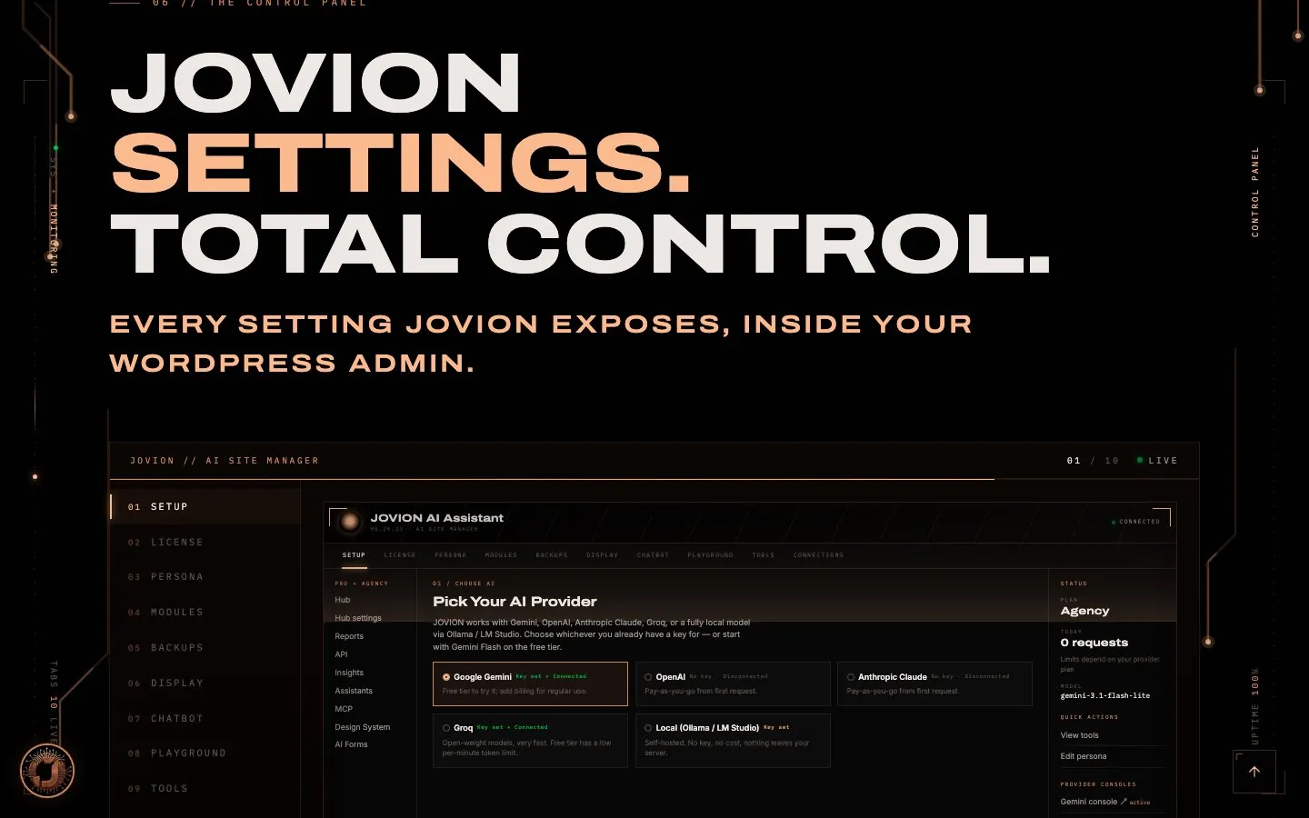 JOVION — Control panel, on jovionwp.com