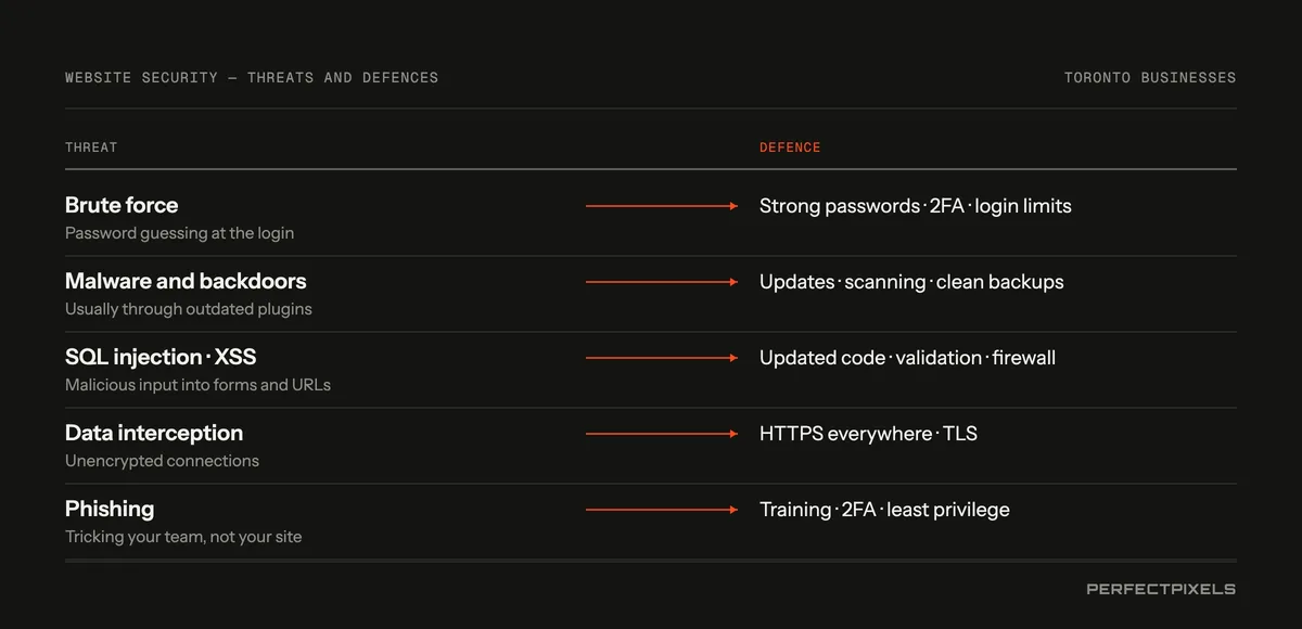 Website security threats and their defences: brute force password guessing, stopped by strong passwords, two-factor authentication and login limits; malware and backdoors, stopped by updates, scanning and clean backups; SQL injection and cross-site scripting, stopped by updated code, validation and a firewall; data interception, stopped by HTTPS; and phishing, stopped by training, two-factor authentication and least privilege.