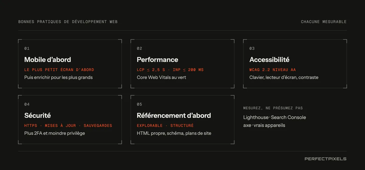 Pratiques exemplaires en développement Web, chacune assortie d’une cible mesurable : priorité au mobile (concevoir d’abord pour le plus petit écran), performance (Largest Contentful Paint en 2,5 secondes ou moins et Interaction to Next Paint en 200 millisecondes ou moins), accessibilité (WCAG 2.2, niveau AA), sécurité (HTTPS, mises à jour et sauvegardes) et référencement dès la conception (pages explorables et structurées).