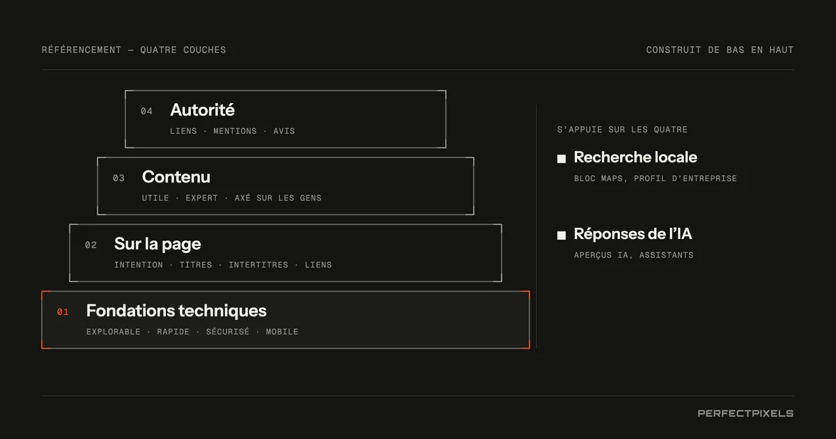Référencement à Toronto : les quatre couches du référencement, bâties de bas en haut. Base technique : explorable, rapide, sécurisé, adapté aux mobiles. Sur la page : titres, intertitres, liens et données structurées qui correspondent à l’intention de recherche. Contenu : des pages utiles qui répondent à de vraies questions avec expérience et expertise. Autorité : des liens, des mentions et des avis qui montrent que d’autres vous font confiance. La recherche locale et les réponses de l’IA s’appuient sur les quatre.