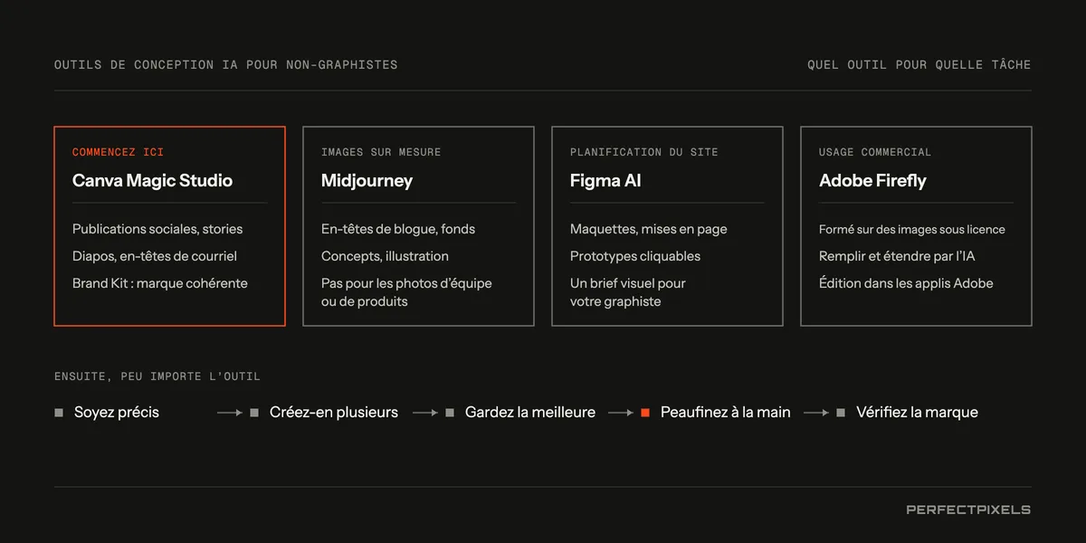 Outils de conception IA pour non-designers : quel outil pour quel travail. Canva Magic Studio, le point de départ : publications et stories pour les réseaux sociaux, diapositives et en-têtes de courriel, avec une trousse de marque (Brand Kit) pour que vos créations respectent votre image. Midjourney, pour des images sur mesure : en-têtes de blogue, arrière-plans, concepts et illustrations, mais pas de photos d’équipe ni de produits. Figma IA, pour planifier un site Web : maquettes fonctionnelles, mises en page, prototypes cliquables et brief visuel pour votre designer. Adobe Firefly, pour un usage commercial : entraîné sur des images sous licence, avec remplissage et extension génératifs dans les applications Adobe. Ensuite, quel que soit l’outil : soyez précis, générez plusieurs options, choisissez la meilleure, peaufinez-la à la main et vérifiez-la par rapport à votre marque.