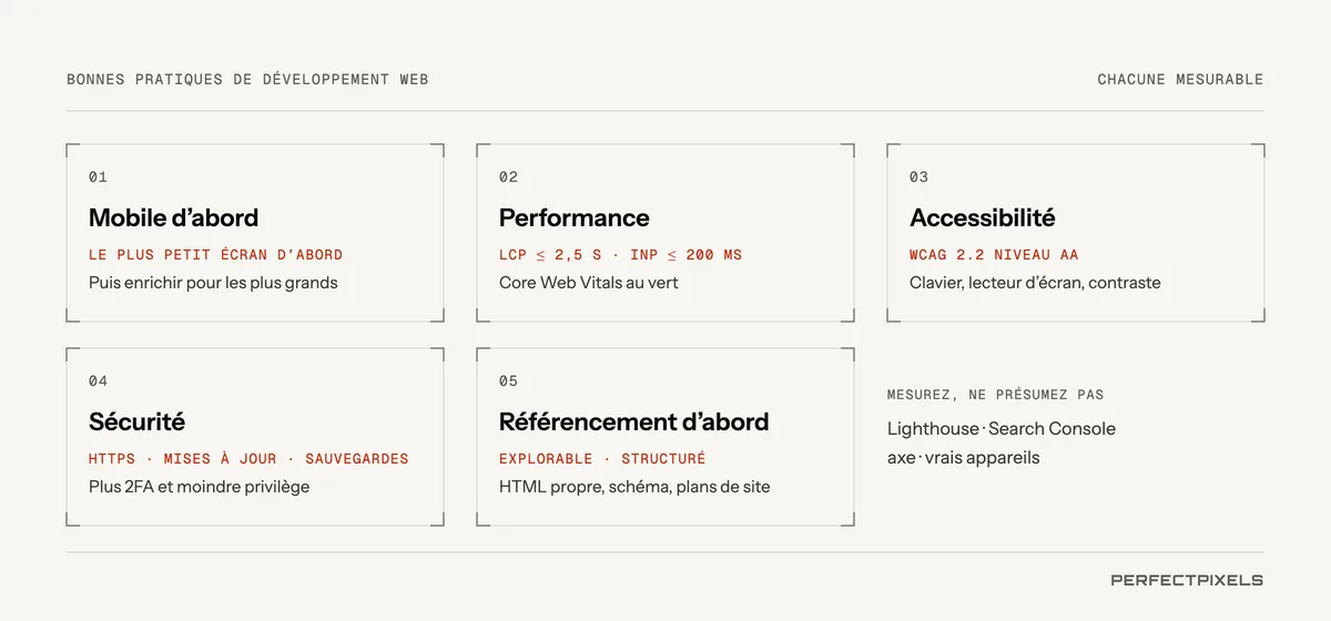 Pratiques exemplaires en développement Web, chacune assortie d’une cible mesurable : priorité au mobile (concevoir d’abord pour le plus petit écran), performance (Largest Contentful Paint en 2,5 secondes ou moins et Interaction to Next Paint en 200 millisecondes ou moins), accessibilité (WCAG 2.2, niveau AA), sécurité (HTTPS, mises à jour et sauvegardes) et référencement dès la conception (pages explorables et structurées).