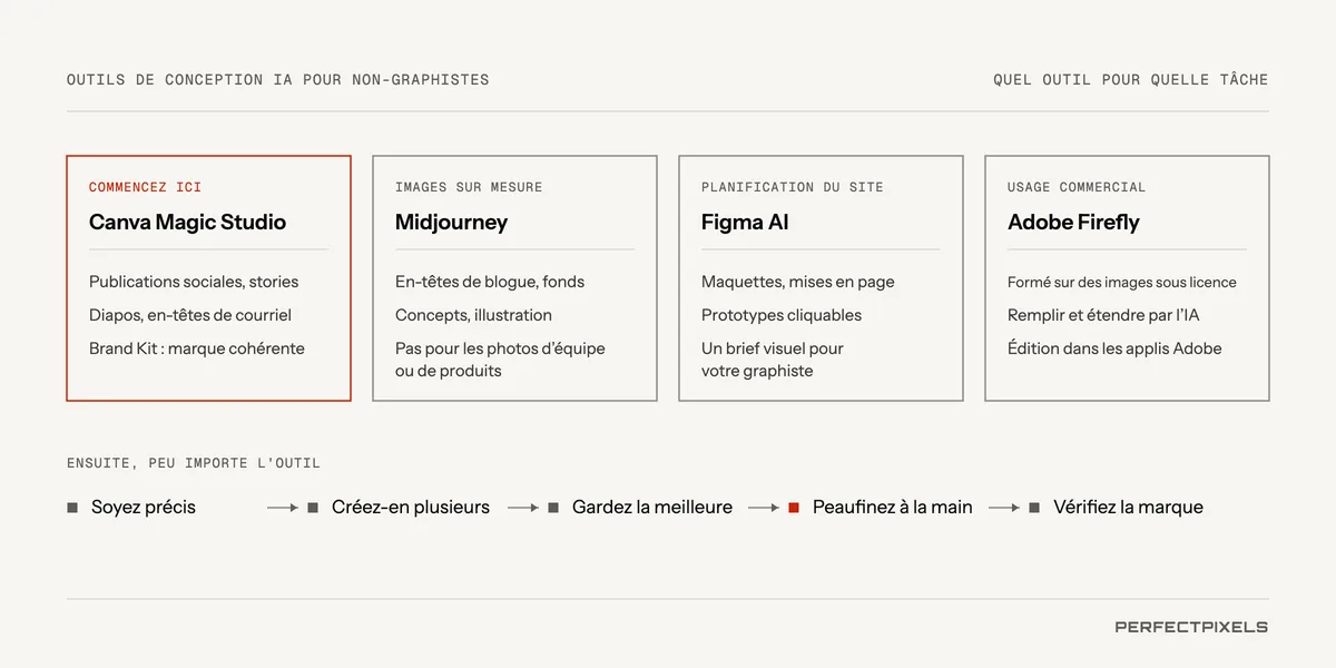Outils de conception IA pour non-designers : quel outil pour quel travail. Canva Magic Studio, le point de départ : publications et stories pour les réseaux sociaux, diapositives et en-têtes de courriel, avec une trousse de marque (Brand Kit) pour que vos créations respectent votre image. Midjourney, pour des images sur mesure : en-têtes de blogue, arrière-plans, concepts et illustrations, mais pas de photos d’équipe ni de produits. Figma IA, pour planifier un site Web : maquettes fonctionnelles, mises en page, prototypes cliquables et brief visuel pour votre designer. Adobe Firefly, pour un usage commercial : entraîné sur des images sous licence, avec remplissage et extension génératifs dans les applications Adobe. Ensuite, quel que soit l’outil : soyez précis, générez plusieurs options, choisissez la meilleure, peaufinez-la à la main et vérifiez-la par rapport à votre marque.