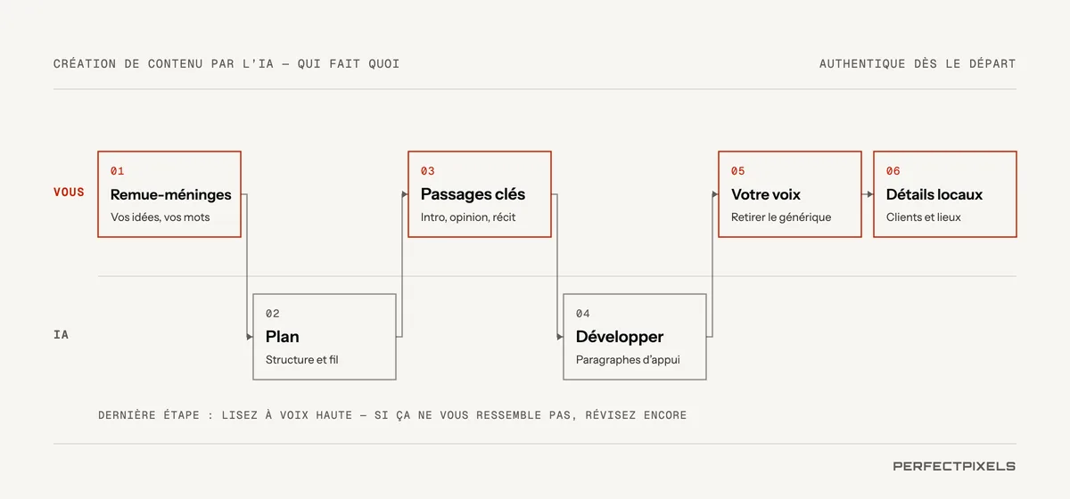 Processus de création de contenu avec l’IA, montrant qui fait chaque étape. Un, vous trouvez vos idées dans vos propres mots. Deux, l’IA établit la structure et l’enchaînement. Trois, vous rédigez les passages clés : introduction, opinion et anecdotes personnelles. Quatre, l’IA développe les paragraphes d’appui. Cinq, vous révisez le tout pour qu’il reflète votre voix, en éliminant le langage générique. Six, vous ajoutez des détails locaux : clients et lieux. Dernière étape : lisez le texte à voix haute et révisez-le de nouveau s’il ne vous ressemble pas.