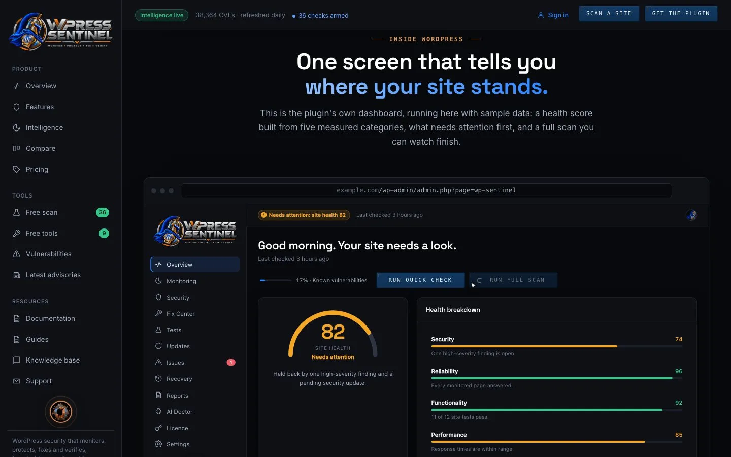 WPress Sentinel — Plugin dashboard, on presssentinel.com