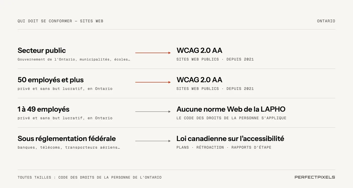 Qui doit se conformer. Organisations du secteur public de l’Ontario : WCAG 2.0 de niveau AA pour les sites Web publics et le contenu Web, en vigueur depuis janvier 2021. Organisations privées et sans but lucratif comptant 50 employés ou plus en Ontario : la même exigence WCAG 2.0 de niveau AA. Organisations comptant de 1 à 49 employés : aucune norme de la LAPHO pour les sites Web, mais le Code des droits de la personne de l’Ontario exige tout de même des services accessibles. Organisations sous réglementation fédérale, comme les banques, les entreprises de télécommunications et les transporteurs aériens : la Loi canadienne sur l’accessibilité.