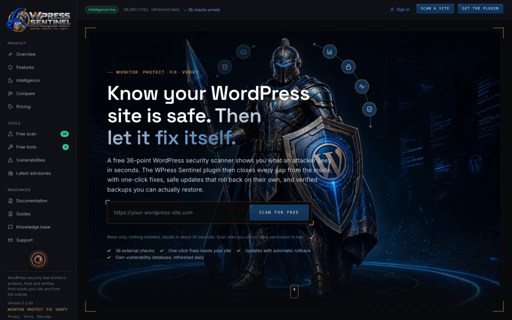 WPress Sentinel home page on a desktop screen
